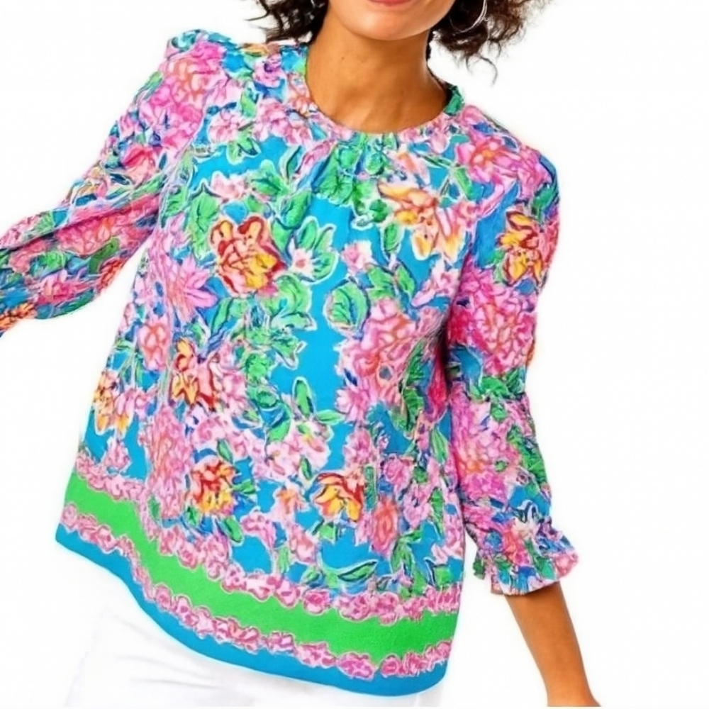 Lilly Pulitzer Preppy Colorful Trista Blouse Top Multi Rose to the Occasion L - Picture 3 of 14
